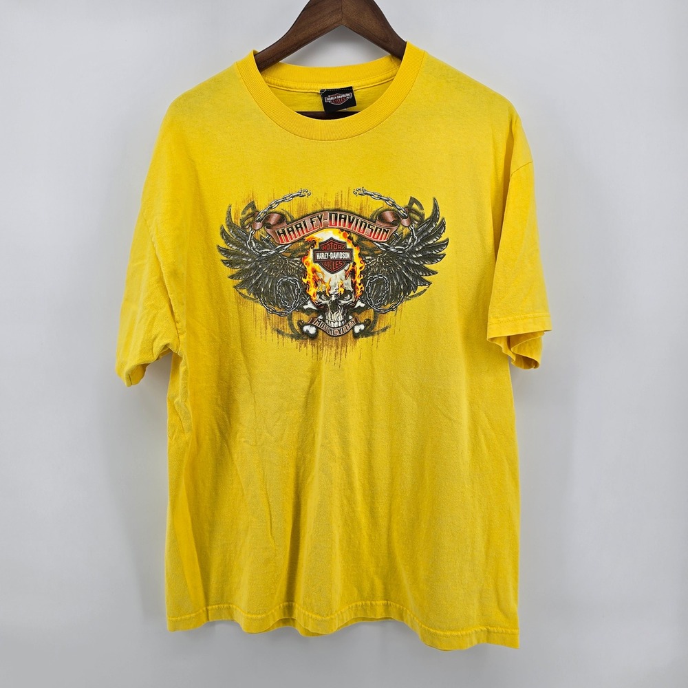 Harley Davidson T Shirt Mens XL Yellow Whiskey River Texarkana Skull Graphic Tee